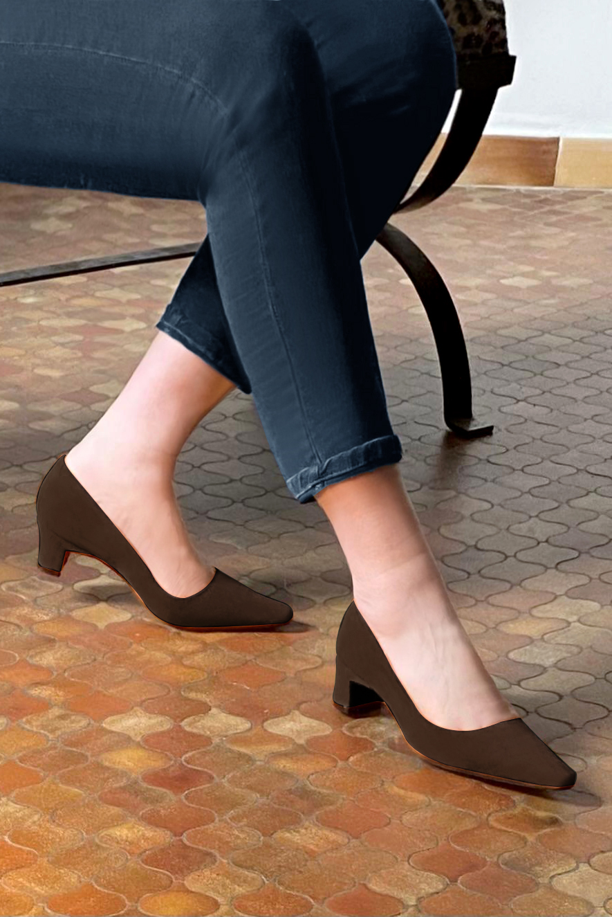 Dark brown women's dress pumps,with a square neckline. Tapered toe. Low kitten heels. Worn view - Florence KOOIJMAN